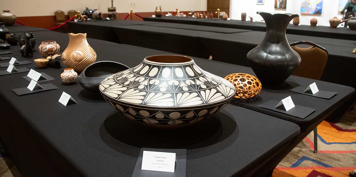 A selection of pottery out for judging at the Santa Fe Indian Market.