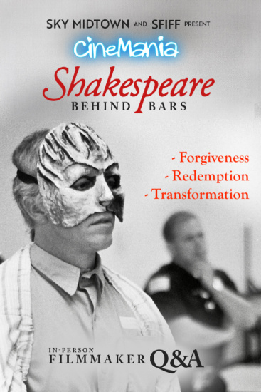 Poster for Shakespeare Behind Bars: man wearing a white mask in a jail-robe, with bold red title and ‘Forgiveness, Redemption, Transformation’ on the side