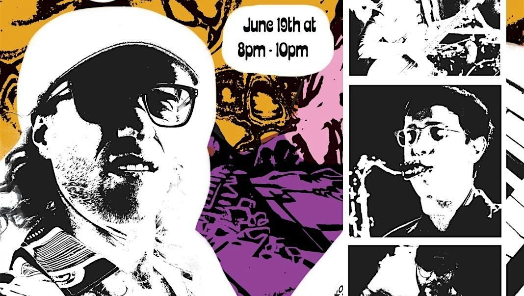 Colorful event poster with a large stylized portrait of a man in sunglasses, smaller panels of a saxophonist, and a speech bubble reading 'June 19th at 8pm-10pm'.