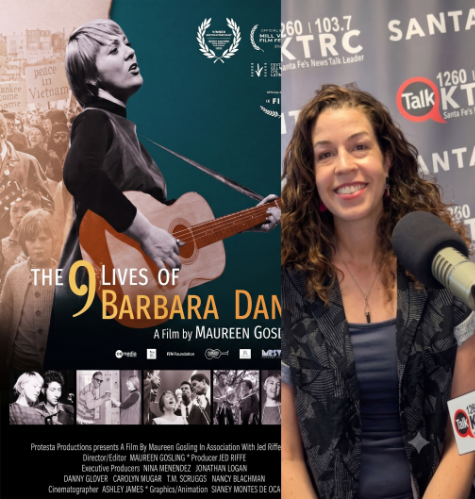 Composite: film poster for The 9 Lives of Barbara Dan with a guitarist; smiling radio host at microphone in a studio.