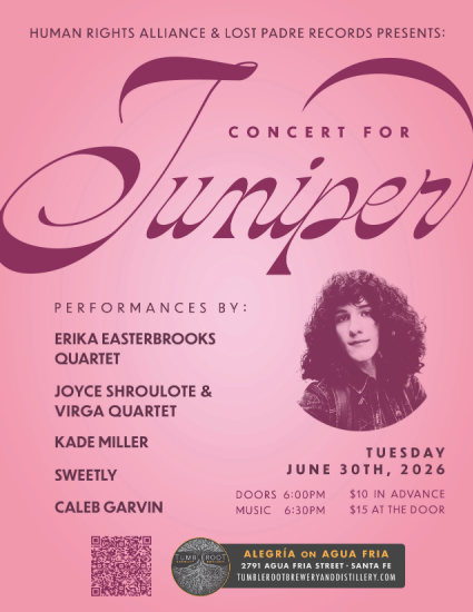 Pink concert poster for 'Concert for Juniper' featuring Erika Easterbrooks Quartet, Joyce Shroulote & Virga Quartet, Kade Miller, Sweetly, and Caleb Garvin; Tue Jun 30, 2026, doors 6:00 PM, show 6:30 PM; venue Alegría on Agua Fria; QR code and small round photo of a woman on the right.
