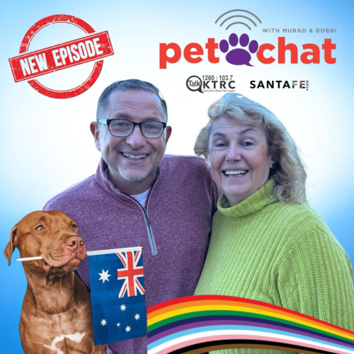 Promo image for a new episode of Pet Chat: two smiling hosts with a brown dog, rainbow, and rainbow border; Australian flag in paw