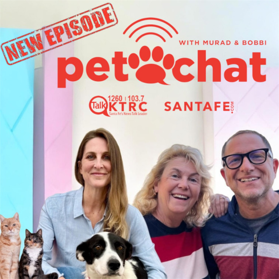 Promotional image for 'pet chat' podcast with three smiling hosts and a dog foreground; 'NEW EPISODE' stamp and host logos visible