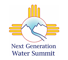 Logo for Next Generation Water Summit featuring a circle with mountains and water, encircled by orange sun rays.
