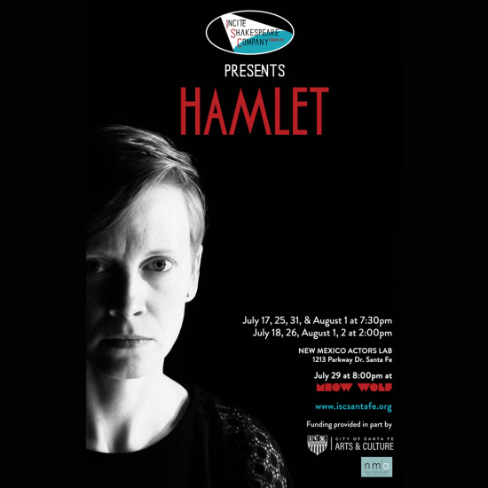 Poster for Incite Shakespeare Company's Hamlet, featuring a stark half-face portrait and a bold red 'HAMLET' title with show dates and venue details.