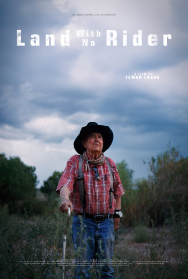 Film poster for Land with No Rider showing an elderly man in a hat and plaid shirt with a walking stick outdoors under a cloudy sky.