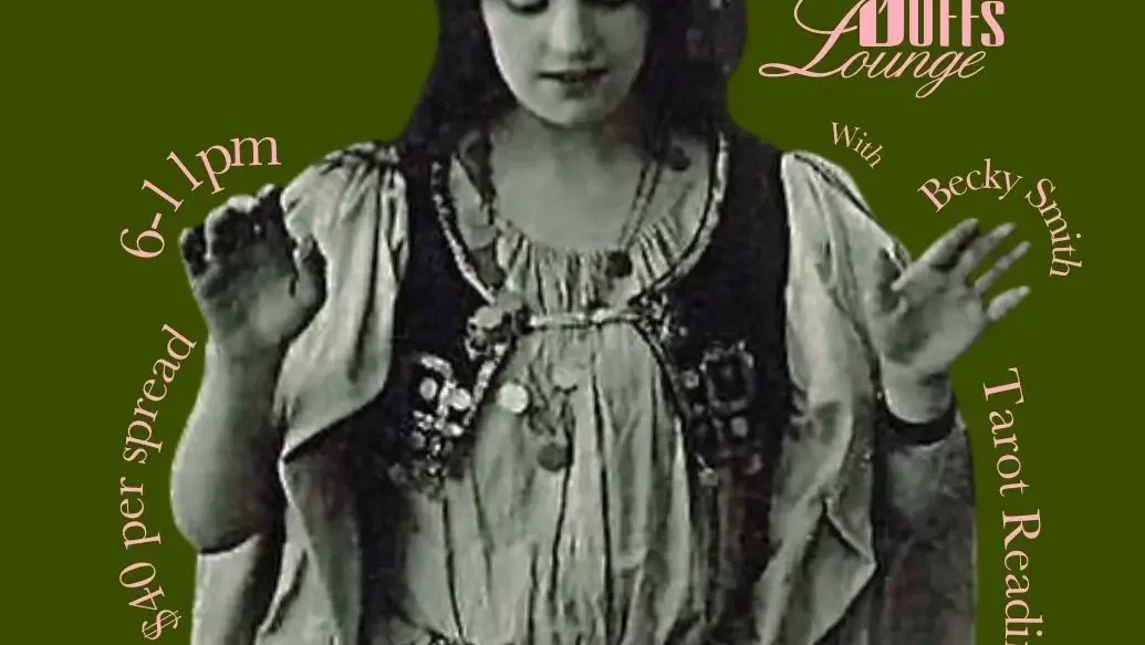 Event poster featuring a vintage photo of a woman; curved text advertises tarot readings with Becky Smith at Aunt's Lounge, including time and price details.
