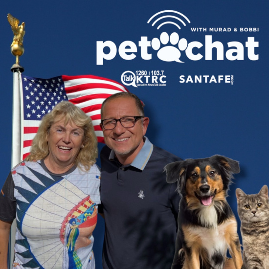 Pet Chat promo photo: hosts with a dog and a cat, against a blue background with the American flag and show logos.