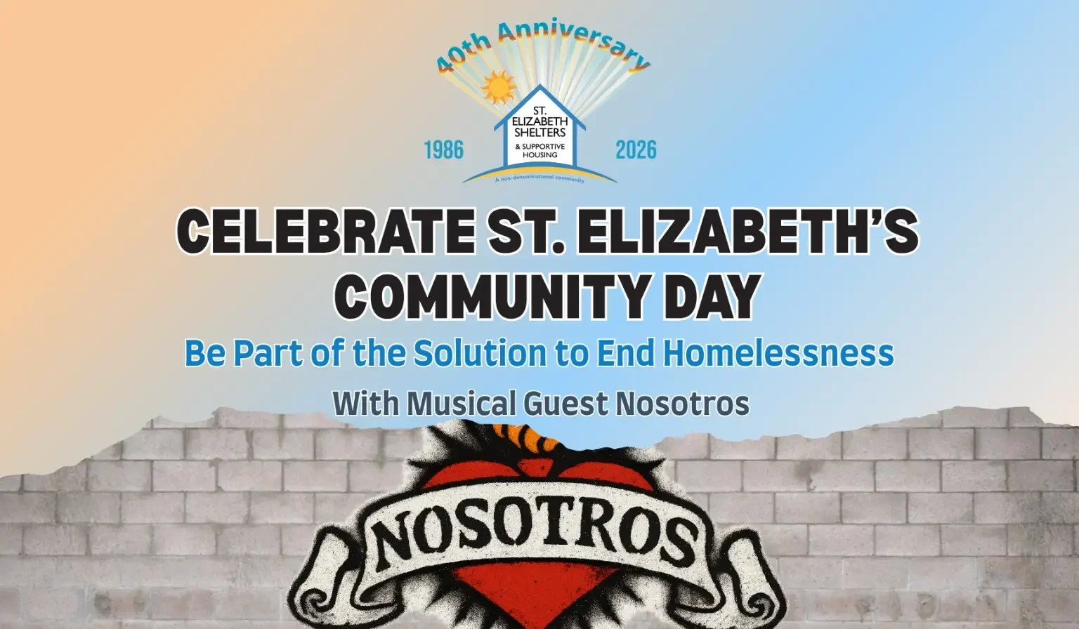 Promotional poster for St. Elizabeth's Community Day 40th anniversary with a band image and event details: date, time, location, and a QR code.