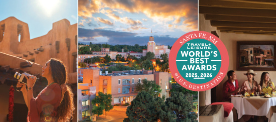 Collage showing travel scenes in Santa Fe: a woman filming ancient ruins on the left, a sunset-lit cityscape in the center with an award badge, and diners at a restaurant on the right.