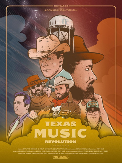 Movie poster for Texas Music Revolution: several cowboys in hats, a water tower, stormy lightning, and a warm sunset color scheme with the title at the bottom.